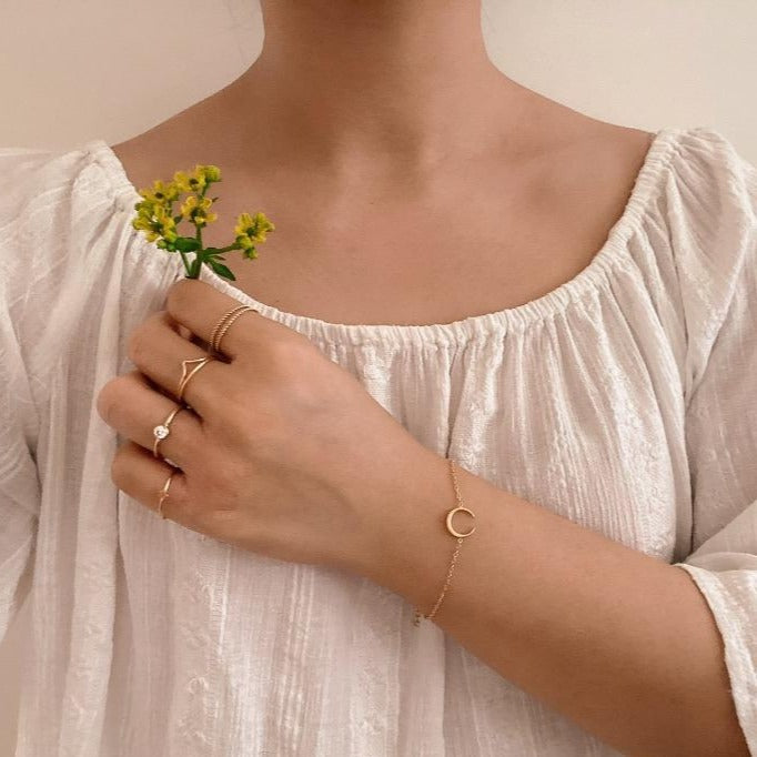 Everlasting Luna Bracelet crescent moon gold chain bracelet buy online australia model shot boho lifestyle jewellery