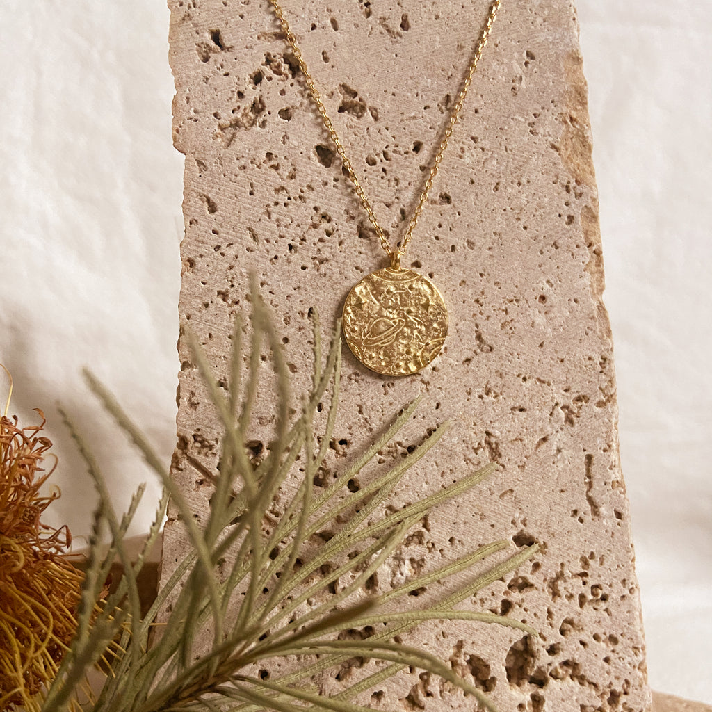 Galaxy Necklace gold coin pendant with chain planet print buy online australia boho jewellery on sandstone