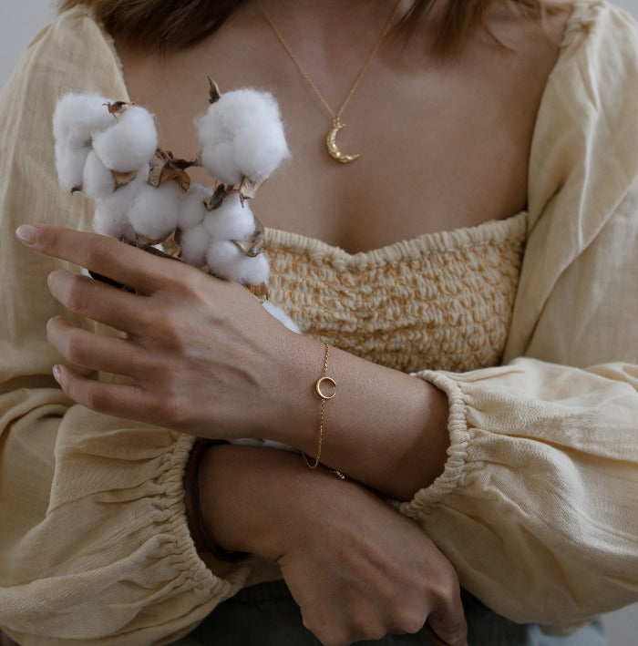 Luna Necklace gold moon crescent pedant gold chain on model buy online australia boho lifestyle jewellery
