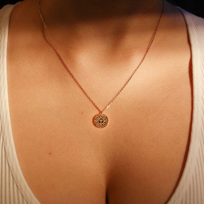 Nova Necklace gold coin sun pendant 14k gold plated on female neck buy online australia lifestyle dainty