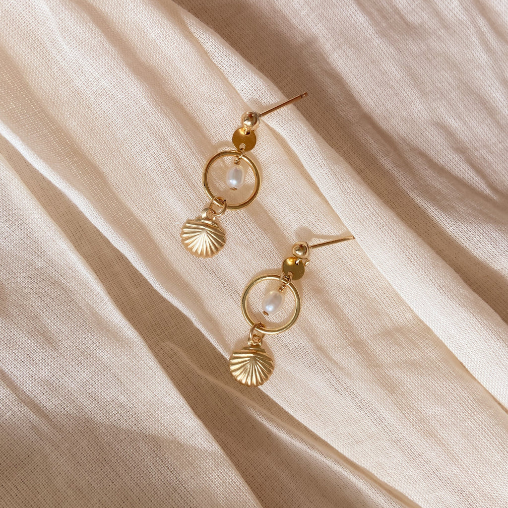 gold disc pearl drop seashell earrings