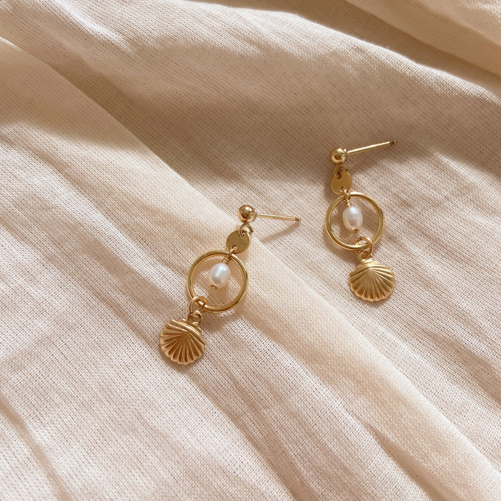 gold disc pearl drop seashell earrings